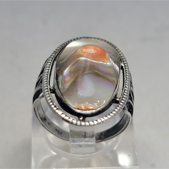 Antique Art Nouveau Sterling Silver Irridescent Abalone Blister Pearl Ring -Sz 3 - Picture 5 of 13